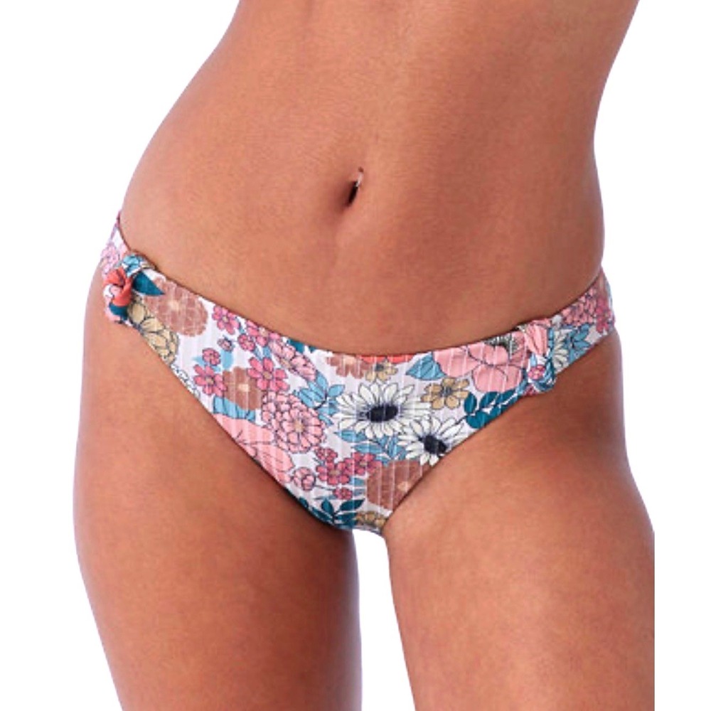 O'Neill Women Retro Floral Ribbed Bikini Bottoms Pink Blue Knotted Sides XL